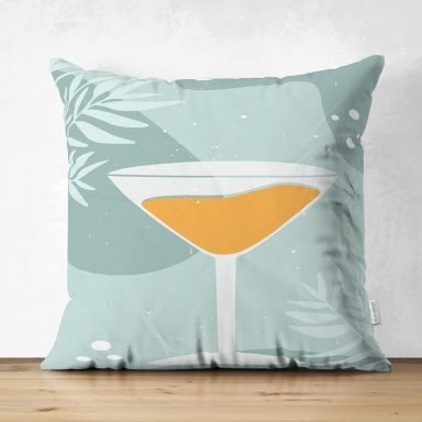 Renkli Zeminde Bardak Desenli Dijital Baskılı Modern Süet Yastık Kırlent Kılıfı