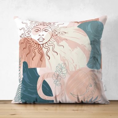 Renkli Zeminde Soyut Çizimli Dijital Baskılı Modern Süet Yastık Kırlent Kılıfı