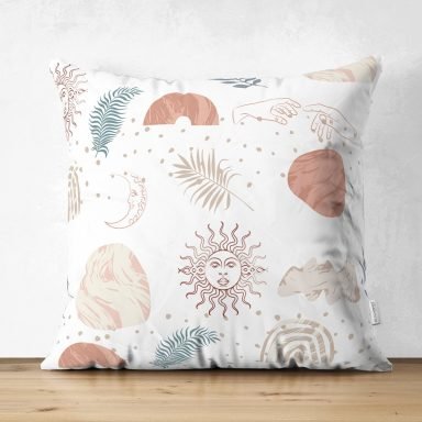 Beyaz Zeminde Onedraw Çizimli Gökyüzü Temalı Dijital Baskılı Modern Süet Yastık Kırlent Kılıfı