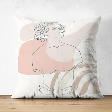 Renkli Zeminde Antik Motifli Onedraw Çizim Dijital Baskılı Modern Süet Yastık Kırlent Kılıfı