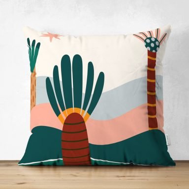 Renkli Zeminli Palmiye Desenli Dijital Baskılı Modern Süet Yastık Kırlent Kılıfı