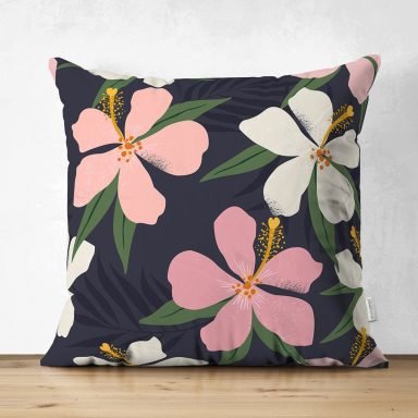 Renkli Zeminli Onedraw Çizimli Çiçek Dijital Baskılı Modern Süet Yastık Kırlent Kılıfı
