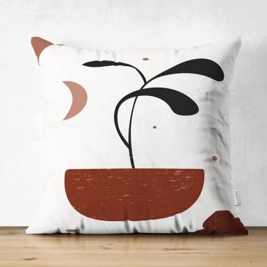 Renkli Zeminli Onedraw Çizimli Yaprak Desenli Dijital Baskılı Modern Süet Yastık Kırlent Kılıfı