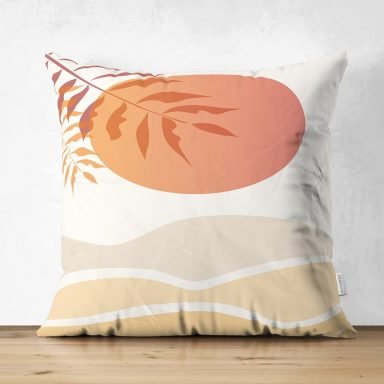 Renkli Zeminli Onedraw Çizimli Çöl Manzara Temalı Dijital Baskılı Modern Süet Yastık Kırlent Kılıfı