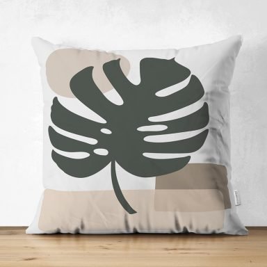 Renkli Zeminli Onedraw Çizimli Yaprak Desenli Dijital Baskılı Modern Süet Yastık Kırlent Kılıfı