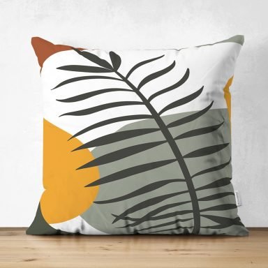 Renkli Zeminli Onedraw Çizimli Yaprak Desenli Dijital Baskılı Modern Süet Yastık Kırlent Kılıfı