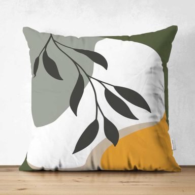 Renkli Zeminli Onedraw Çizimli Yaprak Desenli Dijital Baskılı Modern Süet Yastık Kırlent Kılıfı