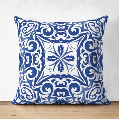 Beyaz Zeminli Çini Desenli Dijital Baskılı Modern Süet Yastık Kırlent Kılıfı