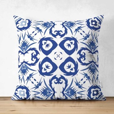 Beyaz Zeminli Çini Desenli Dijital Baskılı Modern Süet Yastık Kırlent Kılıfı