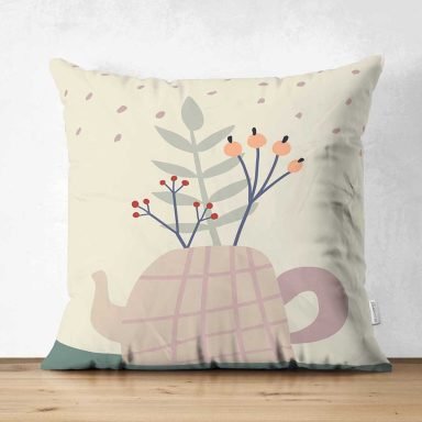 Renkli Zeminli Onedraw Çizimli Yaprak Desenli Dijital Baskılı Modern Süet Yastık Kırlent Kılıfı