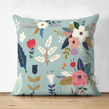 Renkli Zeminli Renkli Çiçek Desenli Dijital Baskılı Modern Süet Yastık Kırlent Kılıfı