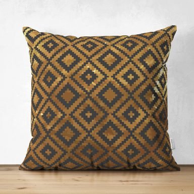 Gold Zemin Üzerinde Siyah Geometrik Desenli Dijital Baskılı Modern Süet Yastık Kırlent Kılıfı