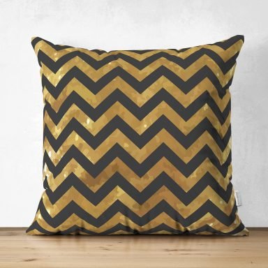 Siyah Zemin Üzerinde Gold Renkli Zikzak Desenli Dijital Baskılı Modern Süet Yastık Kırlent Kılıfı