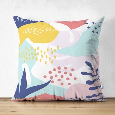 Beyaz Zemin Üzerinde Renkli Onedraw Çizimli Dijital Baskılı Modern Süet Yastık Kırlent Kılıfı