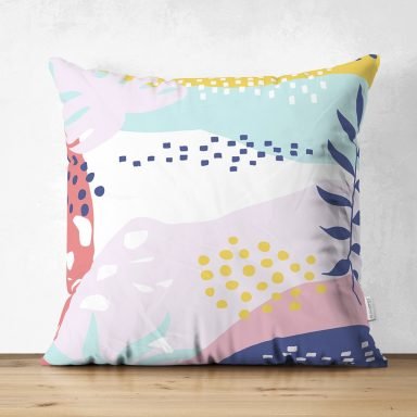 Beyaz Zemin Üzerinde Renkli Onedraw Çizimli Dijital Baskılı Modern Süet Yastık Kırlent Kılıfı