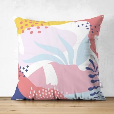Beyaz Zemin Üzerinde Renkli Onedraw Çizimli Dijital Baskılı Modern Süet Yastık Kırlent Kılıfı