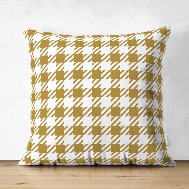 Beyaz Zemin Üzerinde Gold Renkli Geometrik Çizimli Dijital Baskılı Modern Süet Yastık Kırlent Kılıfı