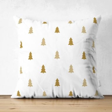 Beyaz Zemin Üzerinde Gold Renkli Çam Ağacı Desenli Dijital Baskılı Modern Süet Yastık Kırlent Kılıfı