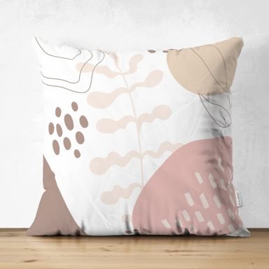 Beyaz Zemin Üzerinde Pastel Renkli Yaprak Desenli Dijital Baskılı Modern Süet Yastık Kırlent Kılıfı