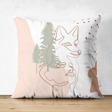 Beyaz Zemin Üzerinde Onedraw Çizimli Bayan Silüeti Dijital Baskılı Modern Süet Yastık Kırlent Kılıfı