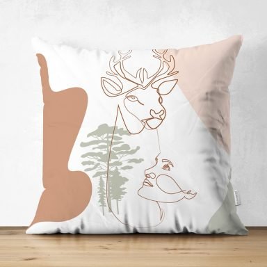 Pastel Zeminli Onedraw Çizimli Bayan Silüeti Dijital Baskılı Modern Süet Yastık Kırlent Kılıfı