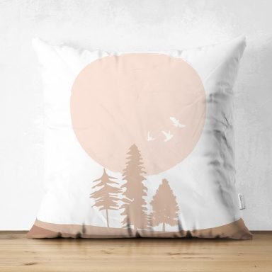 Pastel Zeminli Onedraw Çizimli Doğa Temalı Dijital Baskılı Modern Süet Yastık Kırlent Kılıfı