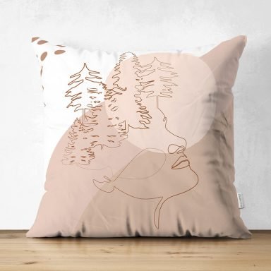 Pastel Zeminli Onedraw Çizimli Bayan Silüeti Dijital Baskılı Modern Süet Yastık Kırlent Kılıfı
