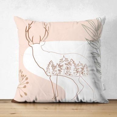 Renkli Zeminli Onedraw Çizimli Geyik Desenli Dijital Baskılı Modern Süet Yastık Kırlent Kılıfı