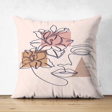 Pastel Zeminli Onedraw Çizimli Bayan Silüeti Dijital Baskılı Modern Süet Yastık Kırlent Kılıfı