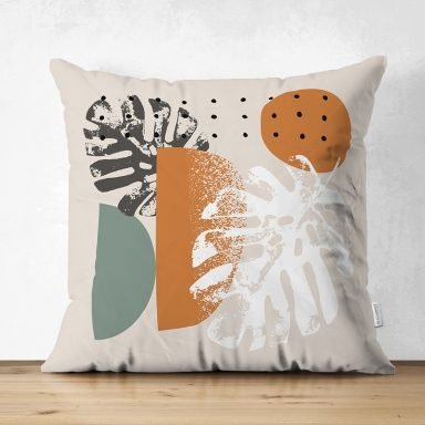 Pastel Zeminli Yaprak Desenli Dijital Baskılı Modern Süet Yastık Kırlent Kılıfı