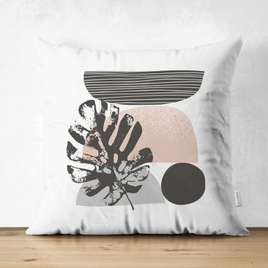 Beyaz Zemin Üzerinde Onedraw Çizimli Yaprak Motifli Dijital Baskılı Modern Süet Yastık Kırlent Kılıfı