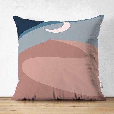 Pastel Renkli Zemin Üzerinde Ay Temalı Dijital Baskılı Modern Süet Yastık Kırlent Kılıfı