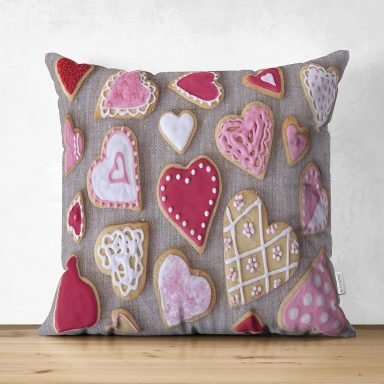 Kalp Desenli Dijital Baskılı Dekoratif Süet Yastık Kırlent Kılıfı