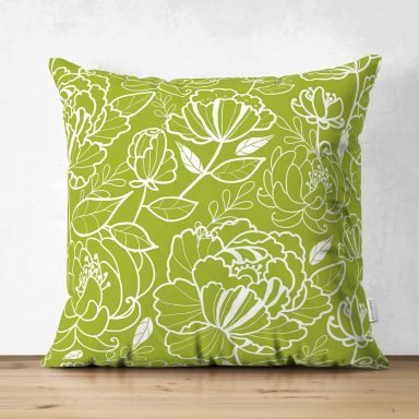 Renkli Zemin Üzerinde Onedraw Çizimli Çiçek Desenli Dijital Baskılı Modern Süet Yastık Kırlent Kılıfı