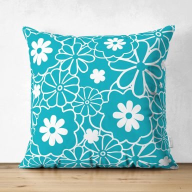 Renkli Zemin Üzerinde Beyaz Renkli Çiçek Desenli Dijital Baskılı Modern Süet Yastık Kırlent Kılıfı