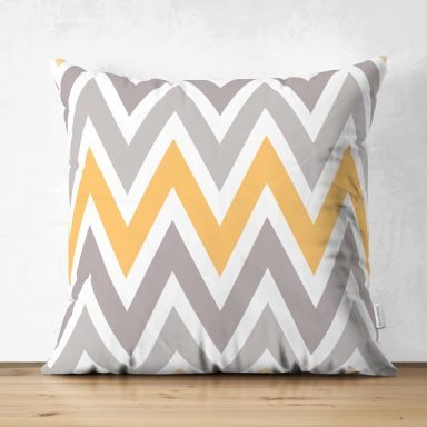Beyaz Zemin Üzerinde Turuncu Gri Renkli Geometrik Desen Dijital Baskılı Modern Süet Yastık Kırlent Kılıfı