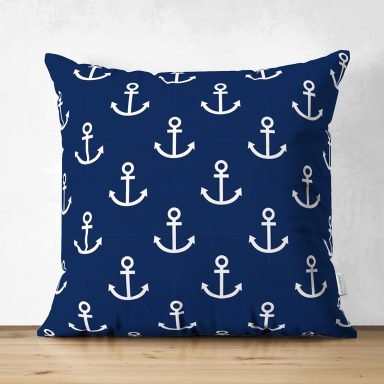 Lacivert Zemin Üzerinde Çapa Desenli Dijital Baskılı Modern Süet Yastık Kırlent Kılıfı