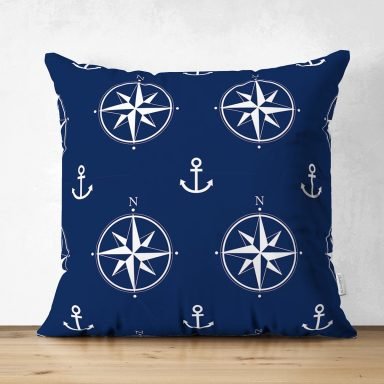 Lacivert Zemin Üzerinde Modern Pusula Desenli Dijital Baskılı Modern Süet Yastık Kırlent Kılıfı