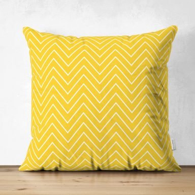 Sarı Zemin Üzerinde Geometrik Çizimli Dijital Baskılı Modern Süet Yastık Kırlent Kılıfı