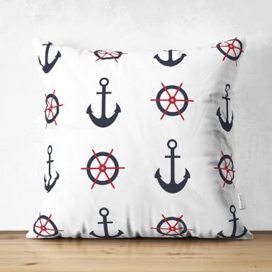 Beyaz Zemin Üzerinde Renkli Çapa Desenli Dijital Baskılı Modern Süet Yastık Kırlent Kılıfı