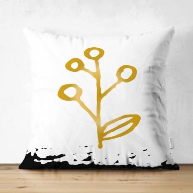 Beyaz Zeminde Gold Renkli Onedraw Çizimli Çiçek Desenli Dijital Baskılı Modern Süet Yastık Kırlent Kılıfı