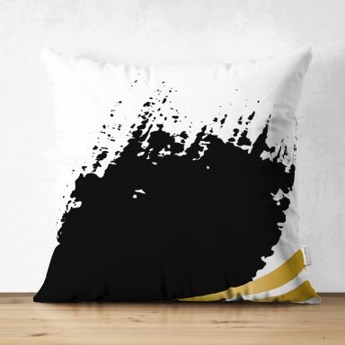 Beyaz Zemin Üzerinde Gold Detaylı Geometrik Çizim Dijital Baskılı Modern Süet Yastık Kırlent Kılıfı