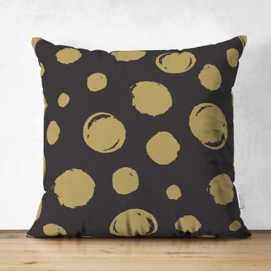 Siyah Zemin Üzerinde Gold Renkli Geometrik Desenli Dijital Baskılı Modern Süet Yastık Kırlent Kılıfı