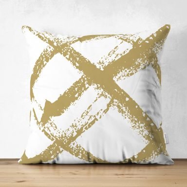 Beyaz Zemin Üzerinde Gold Renkli Geometrik Çizimli Dijital Baskılı Modern Süet Yastık Kırlent Kılıfı
