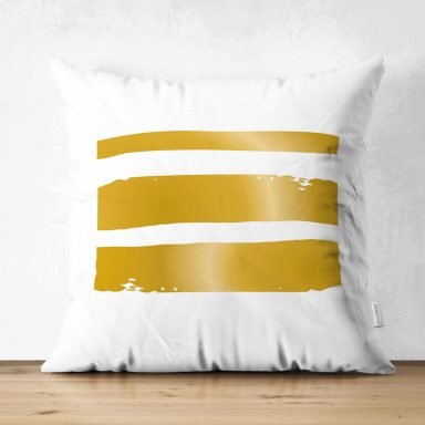 Beyaz Zemin Üzerinde Gold Detaylı Geometrik Çizim Dijital Baskılı Modern Süet Yastık Kırlent Kılıfı