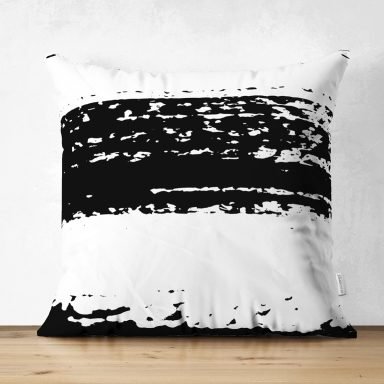 Beyaz Zemin Üzerinde Siyah Çizgili Geometrik Çizim Dijital Baskılı Modern Süet Yastık Kırlent Kılıfı