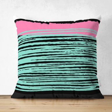 Siyah Zemin Üzerinde Renkli Geometrik Soyut Çizimli Dijital Baskılı Modern Süet Yastık Kırlent Kılıfı