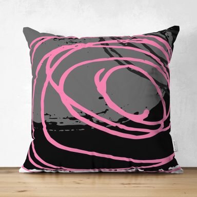 Gri Siyah Zemin Üzerinde Pembe Renkli Geometrik Desen Dijital Baskılı Modern Süet Yastık Kırlent Kılıfı