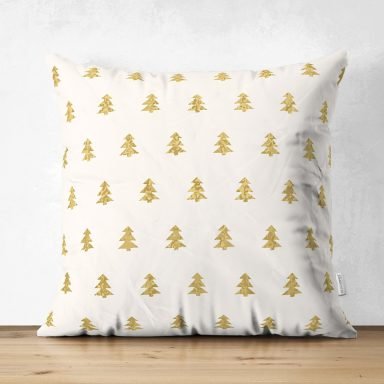 Beyaz Zemin Üzerinde Gold Renkli Çam Ağacı Desenli Dijital Baskılı Modern Süet Yastık Kırlent Kılıfı