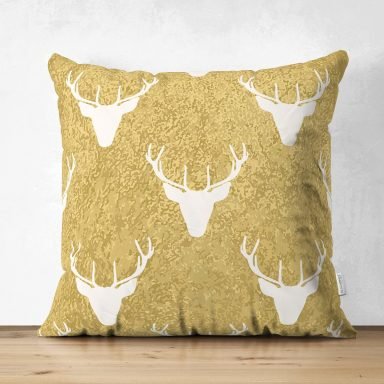 Gold Zemin Üzerinde Geyik Desenli Dijital Baskılı Modern Süet Yastık Kırlent Kılıfı